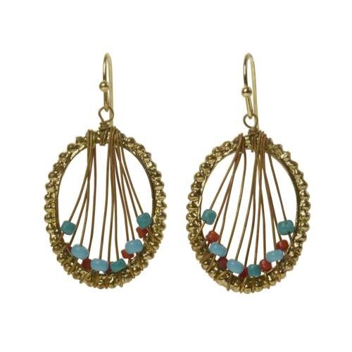 Earrings oval gold colour with strands and multicoloured beads (TAR2277)