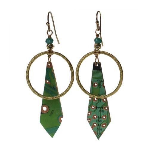 Earrings, recycled circuit board, tie shape with circle (TARC1810)