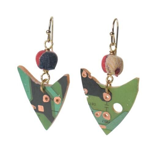 Earrings, recycled circuit board arrowhead with cloth bead (TARC1814)