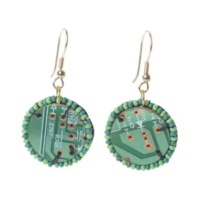 Earrings, recycled circuit board circle edged with glass beads (TARC1815)
