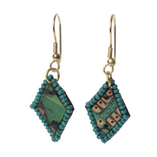Earrings, recycled circuit board diamond shape edged with glass beads (TARC1816)