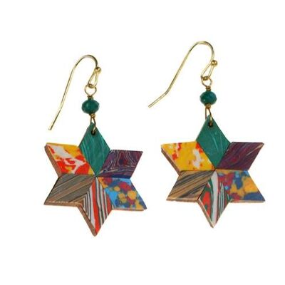 Earrings, multi coloured star, painted clay (TARCOL1814)