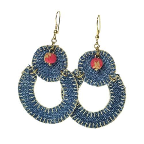 Earrings recycled denim jeans, drop ring and circle (TARJE01)