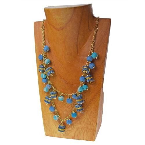 Necklace recycled denim jeans, multi cloth beads round & rolls (TARJE04)