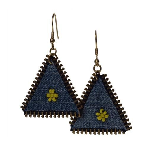 Earrings recycled denim jeans, triangle with flower (TARJE07)