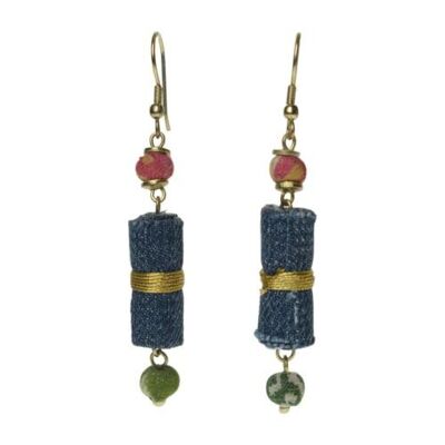 Earrings recycled denim jeans, roll and cloth beads (TARJE11)