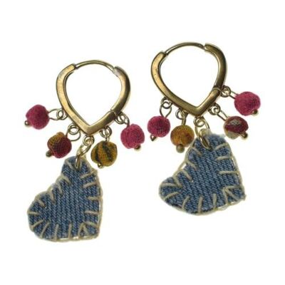 Earrings recycled denim jeans, heart shape & cloth beads (TARJE14)