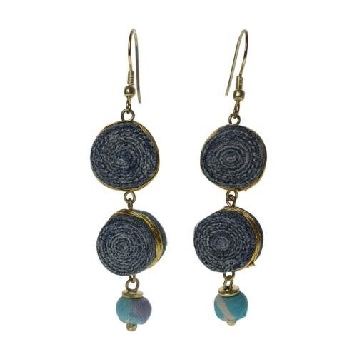 Earrings recycled denim jeans, 2 coils & cloth bead (TARJE17)