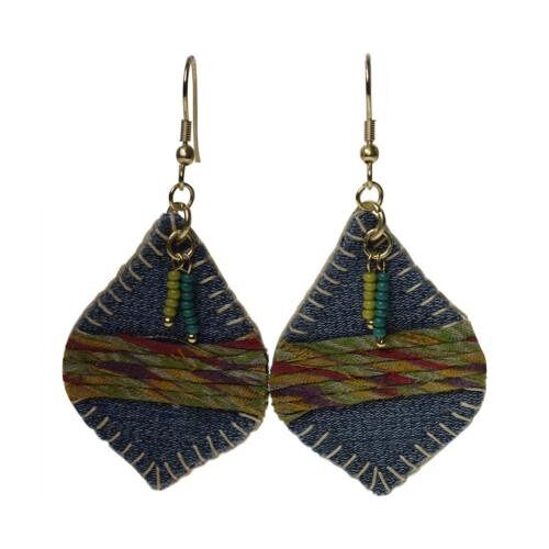 Earrings recycled denim jeans, teardrop beads and multicoloured bands (TARJE18)