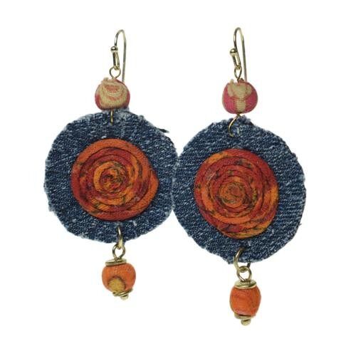 Earrings recycled denim jeans, circle with inner coil 2 cloth beads (TARJE19)