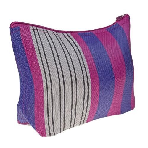 Pouch bag from recycled plastic cement bags, pink blue stripes 22x16x7cm (UP002)