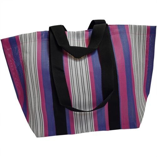 Beach/shopping bag recycled plastic cement bags, pink blue stripes 56x36x22cm (UP004)