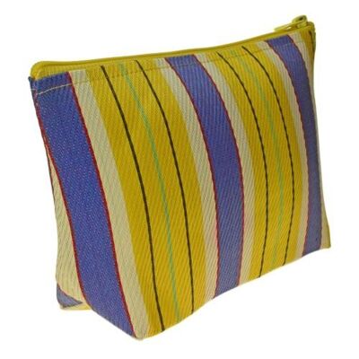 Pouch bag from recycled plastic cement bags, purple yellow stripes 22x16x7cm (UP009)