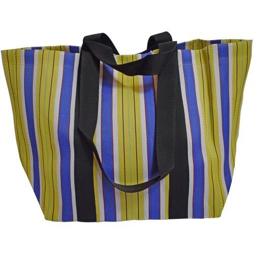 Beach/shopping bag recycled plastic cement bags, purple yellow stripes 56x36x22cm (UP011)