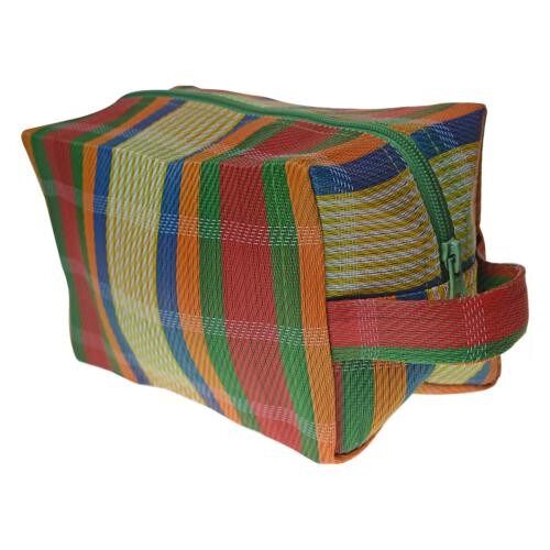 Toiletries/wash bag recycled plastic cement bags, multicoloured bright stripes 22x12x11cm (UP015)