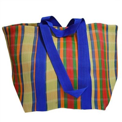 Beach/shopping bag recycled plastic cement bags, multicoloured bright stripes 56x36x22 (UP018)