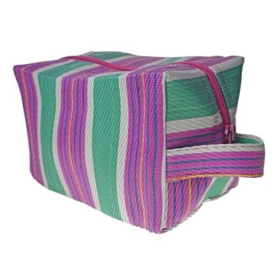 Toiletries/wash bag recycled plastic cement bags, green pink stripes 22x12x11cm (UP022)