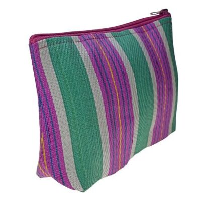 Pouch bag from recycled plastic cement bags, green pink stripes 22x16x7cm (UP023)