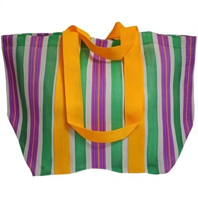 Beach/shopping bag recycled plastic cement bags, green pink stripes 56x36x22cm (UP025)