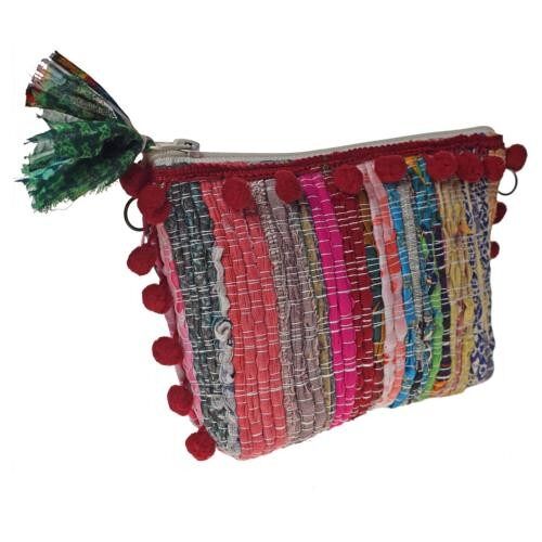 Rag chindi pouch purse with pompom recycled sari multicoloured 20x13cm (UP031)