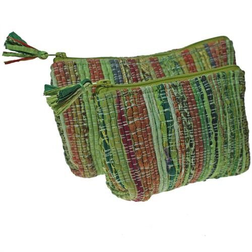 Set of 2 rag chindi pouch bags recycled sari base colour green 24x14 & 18x12cm (UP032)
