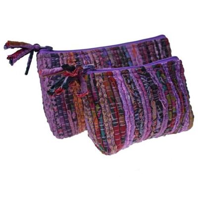 Set of 2 rag chindi pouch bags recycled sari base colour purple 24x14 & 18x12cm (UP033)