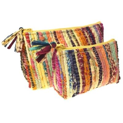 Set of 2 rag chindi pouch bags recycled sari base colour yellow 24x14 & 18x12cm (UP034)