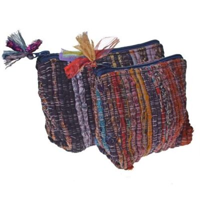 Set of 2 rag chindi pouch bags recycled sari base colour blue 24x14 & 18x12cm (UP035)
