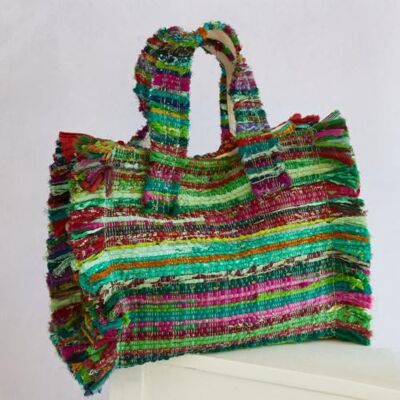 Rag chindi tote bag recycled sari base colour green 27x25x16cm (UP036)