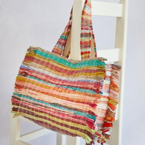 Rag chindi tote bag recycled sari multicoloured 30x28x15cm (UP037)