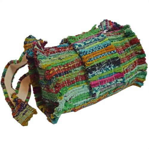 Rag chindi cross body bag recycled sari base colour green 24x18cm (UP038)