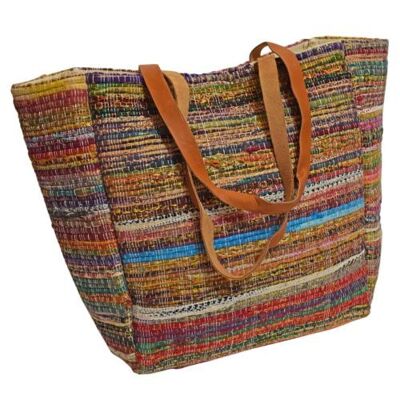 Rag chindi tote/carry bag recycled sari multicoloured 31x31x19cm (UP039)