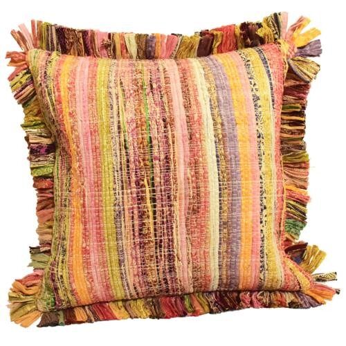 Rag chindi cushion cover recycled sari material multicoloured fringed 40x40cm (UP041)