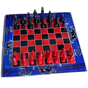 Jeu d'échecs en pierre Kisii, rouge/noir, plateau carré 30cm (Z2141) 2