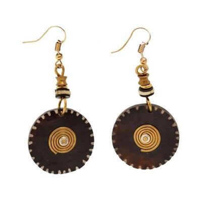 Earrings cow bone & brass, circle with spiral + bead, brown (Z2709)