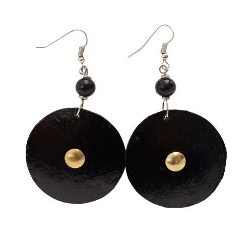 Earrings gourd circle with brass centre + bead, black (Z2711)