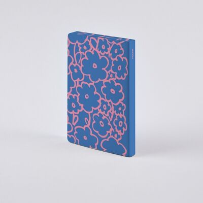 Flower Power - Graphique S | carnet nuuna A6 | Grille de points de 2,5 mm | 176 pages numérotées | Papier premium 120 g | cuir bleu | produit durablement en Allemagne