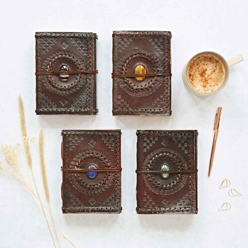 Indra Medium Embossed & Stitched Leather Journal with Semi-Precious Stone