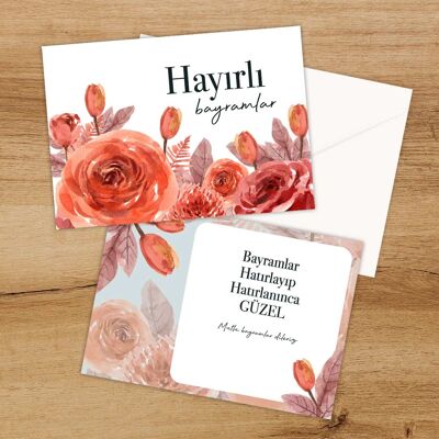 Bayram Zuckerfest Grußkarte "rote Blumen" - Einzelne Karten mit Kuvert