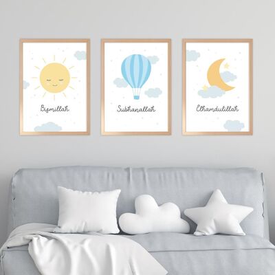 Islamisches Poster Set A3 "Sonne, Mond & Heißluftballon Blau"