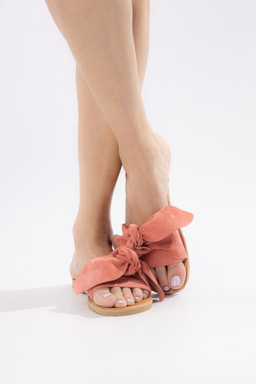 Suede Bow Sandals Coral with leather sole