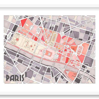 Plakatillustration des Plans des 1. Arrondissement von PARIS - Wanddekoration