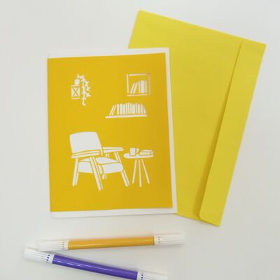 Die-cut postcard with living room and books design