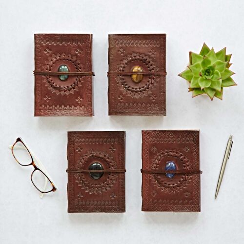 Indra Medium Embossed Leather Journal with Semi-Precious Stone