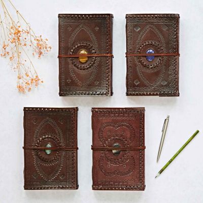 Indra Extra Large Embossed & Stitched Leather Journal with Semi-Precious Stone