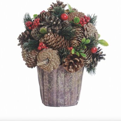 Kerststuk in zinken pot look - rode bessen | ø 22 cm | Decoratieve en goed gevulde kerstdecoratie in stevige pot met natuurlijke materialen met witte details | Rood