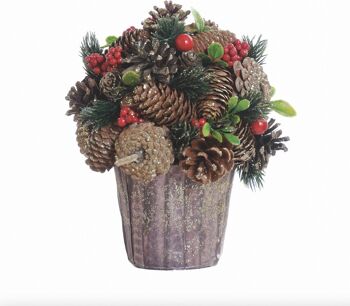 Kerststuk aspect pot de zinken - rode bessen | ø 22 cm | Décoratif et goed gevulde kerstdecoratie in stevige pot with natuurlijke materialen with witte details | Rood 1