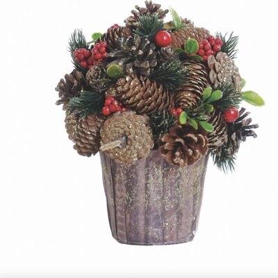Kerststuk im Zinkentopf-Look - rode bessen | Ø 22cm | Decoratieve en goed gevulde kerstdecoratie in stevige pot met natuurlijke materials met witte details | Rood