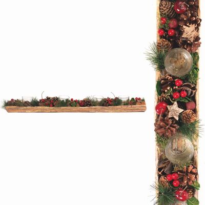 Kerststuk theelicht houder - Baie rouge | 70cm / 4L | Décoratif kerststuk gemaakt uit natuurlijke materialen en voorzien van twee waxinehouders | Kerst décoration | Rood