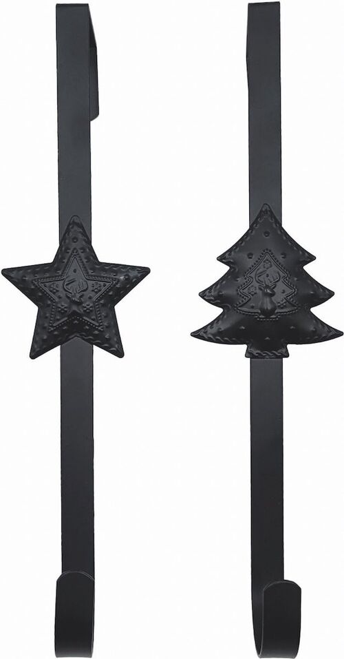 Metalen kerst hanger - kerstkrans haak set van 2 stuks | 10 x 6 x 29 cm | Speciale deurhanger voor over de deur | Haak om jouw kerstcadeaus in zak of kerst decoratie aan op te hangen | Mat zwart